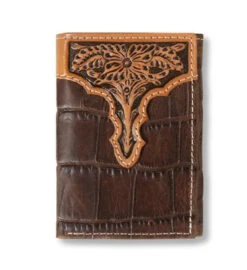 Ariat Brown Trifold Wallet With Croco Texture And Floral Embossing