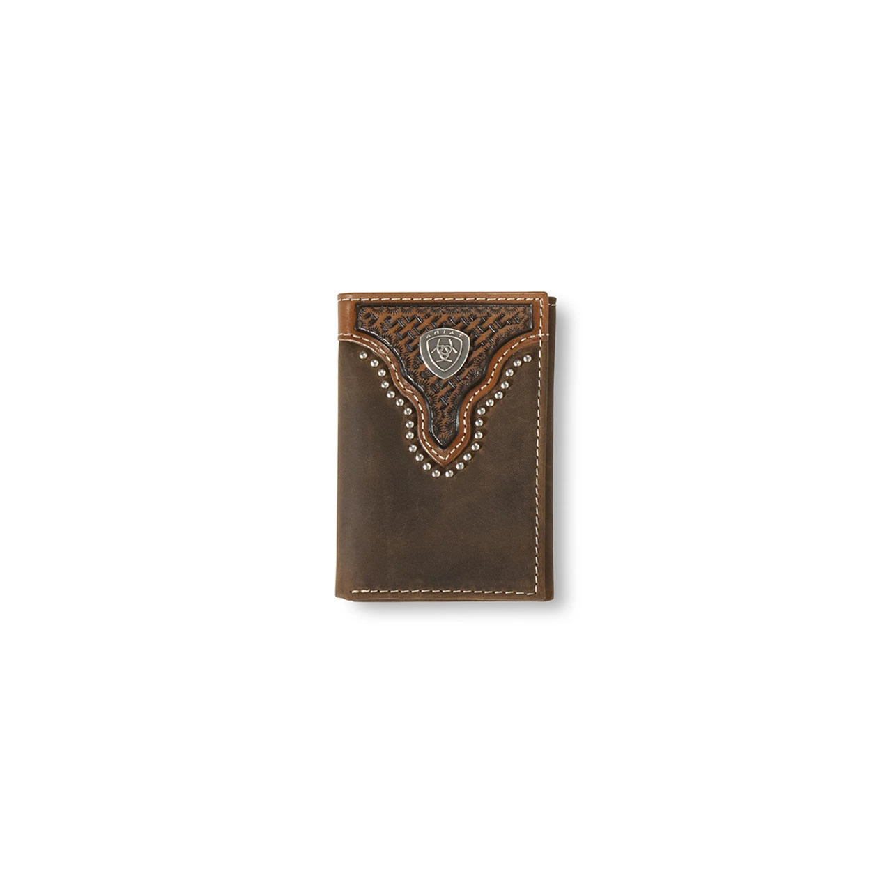 Ariat Brown Trifold Wallet With Metal Stud Trim And Basket Weave Sunburst Embossing 1 Ariat Brown Trifold Wallet With Metal Stud Trim And Basket Weave Sunburst Embossing