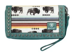 Ariat Women's Buffalo And Multi Colored Stripes Clutch With Turquoise Leather Trim And Wristlet