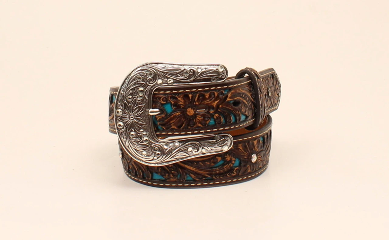 Ariat - Girls Floral Leather With Blue Underlay Belt 1 Ariat - Girls Floral Leather With Blue Underlay Belt