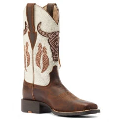 Ariat Womens Barn Brown & Crackled White Steer Wide Square Toe Boots