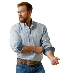 Ariat Mens Fitted Emerson White, Blue And Brown Plaid Wrinkle Free Long Sleeve Shirt