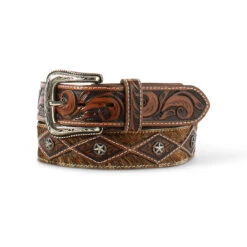 Ariat Men's Belt With Brown Floral Tooled Design