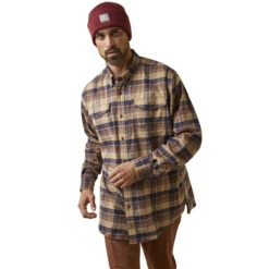 Ariat Mens Tiger Eye Plaid Rebar Flannel DuraStretch Long Sleeve Work Shirt