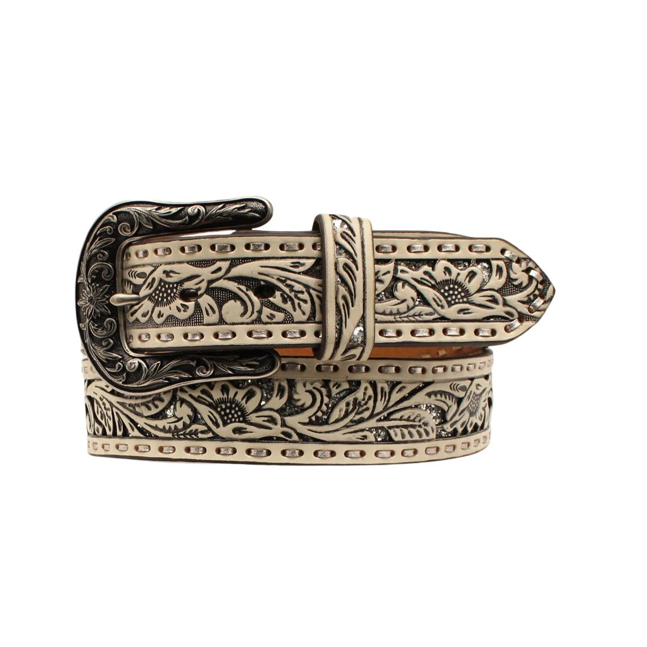 Ariat Womens White Floral Embossed With Silver Glitter Underlay Belt 1 Ariat Womens White Floral Embossed With Silver Glitter Underlay Belt